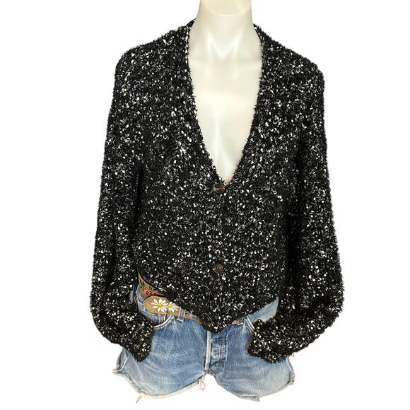 Ten Sixty Sherman Tweed Crop Cardigan Sweater Black White MEDIUM Oversize Chunky - Picture 1 of 6